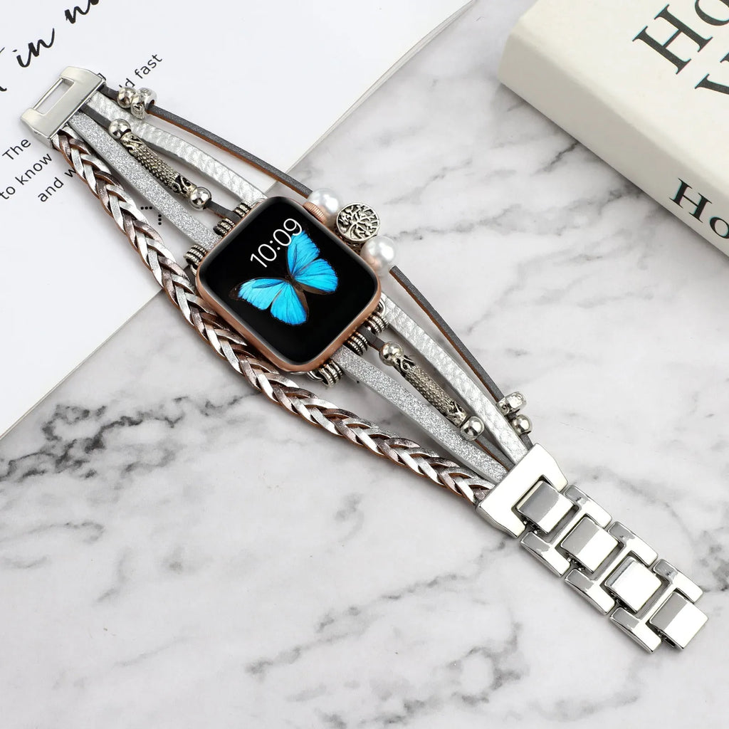 Vintage metal leather beaded watch strap for Apple Watch in silver colour with buckle closure