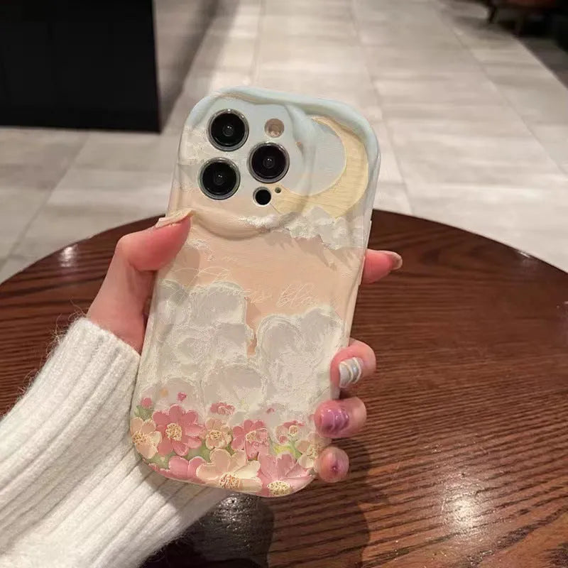 Cream Shell white TPU iPhone case with sea-of-flowers-on-cloud design, all-inclusive cute niche cover