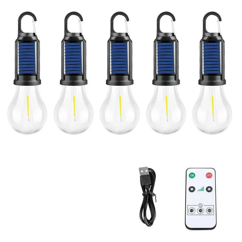 Five solar outdoor lantern-style warm light bulbs with pastoral design