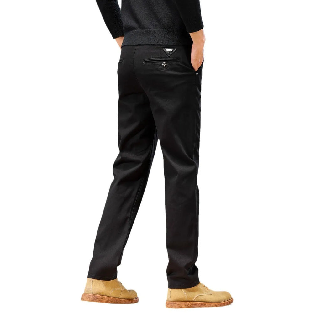 Men's cotton denim straight leg pencil trousers in black, mid waist zip fly, relaxed fit flat lay