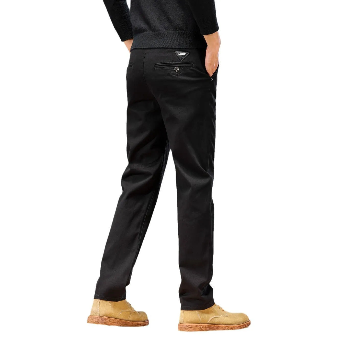 Men's cotton denim straight leg pencil trousers in black, mid waist zip fly, relaxed fit flat lay