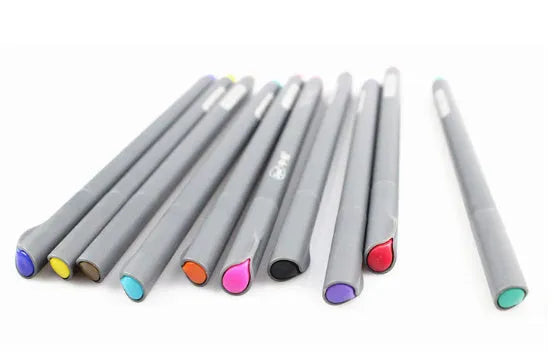Set of ten 15.8cm long black hook line pens with 0.38mm tips for technical drawing.