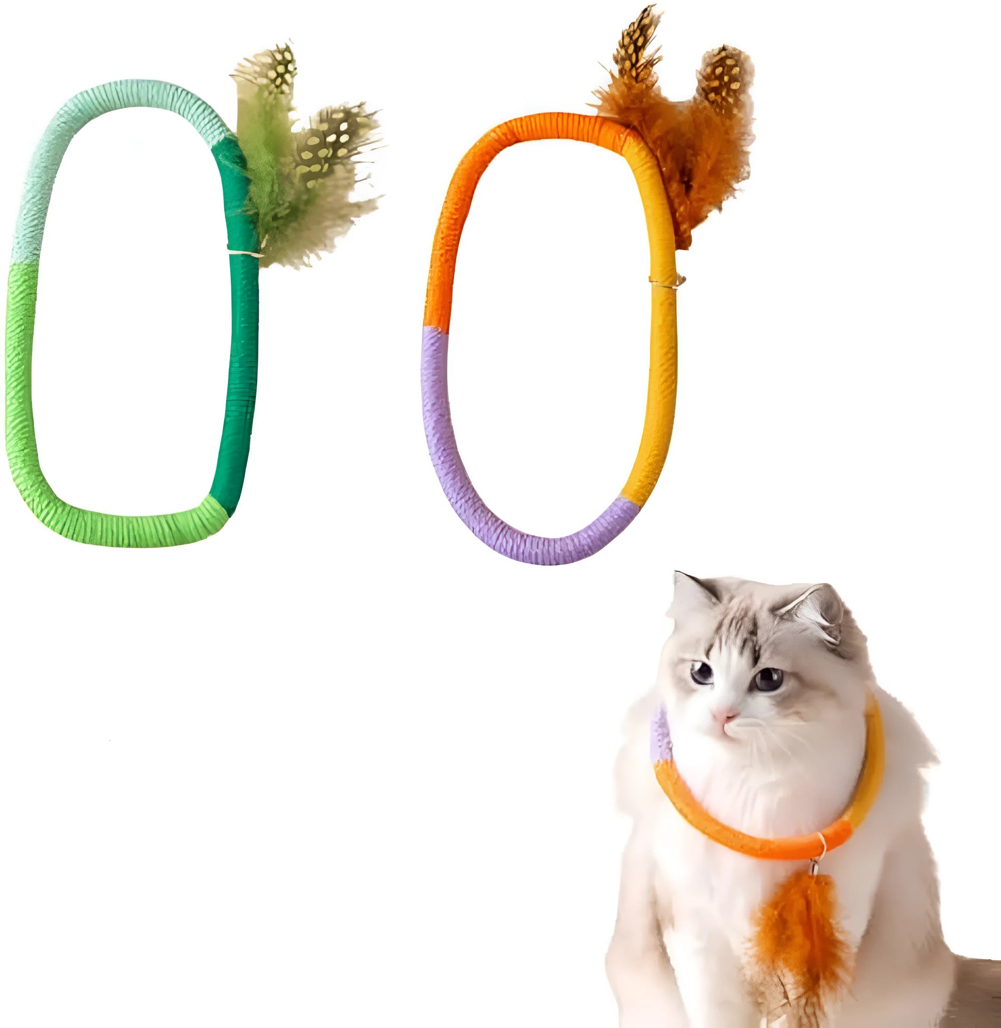 Green circular cotton rope cat toy with white feather attachments
