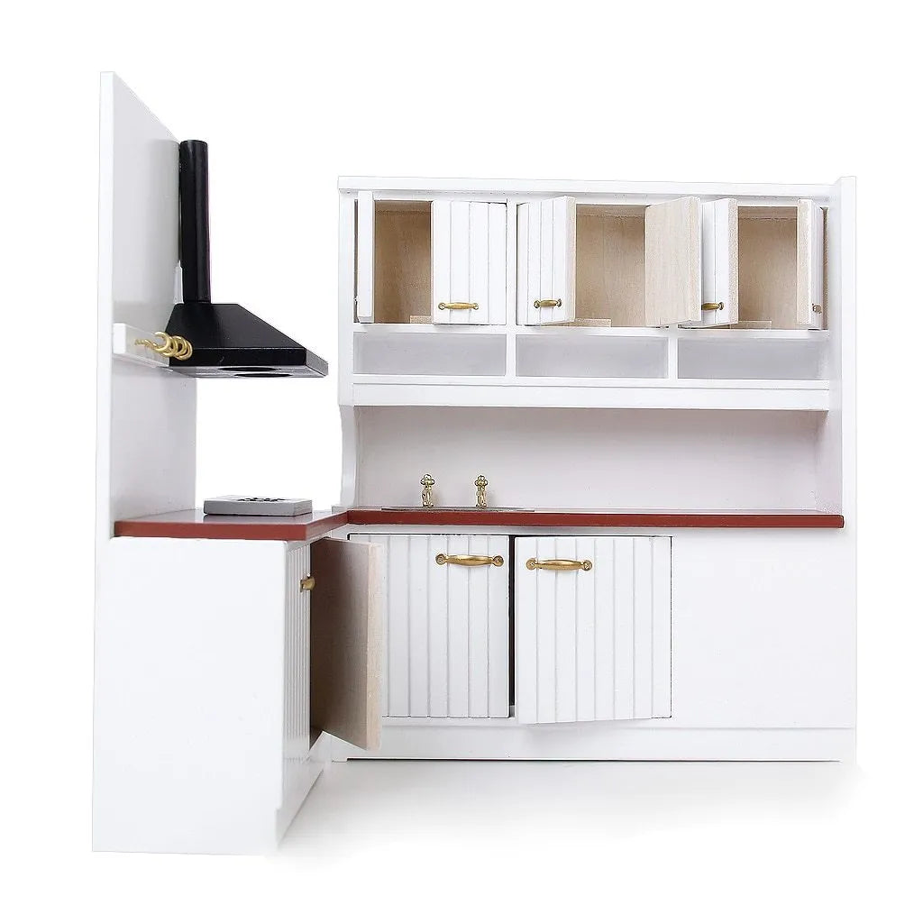 White birch dollhouse kitchen set with sink and stove cabinets, featuring working doors.