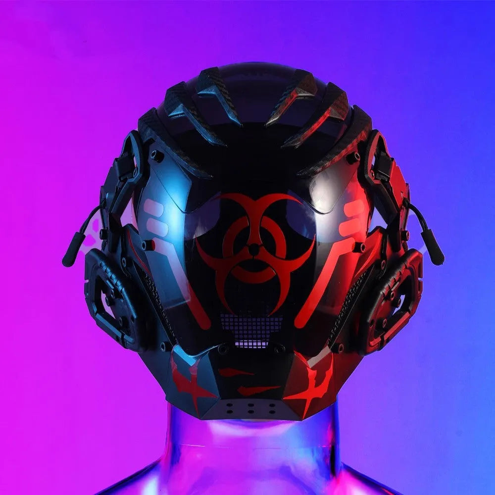 Black full-face bioweapon-style prop helmet with bio-mechanical details, shown from the front.