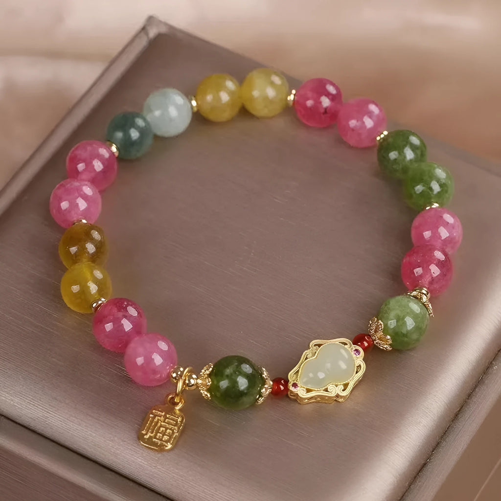 Women's bracelet with gourd blessing card design and colourful tourmaline electroplating finish