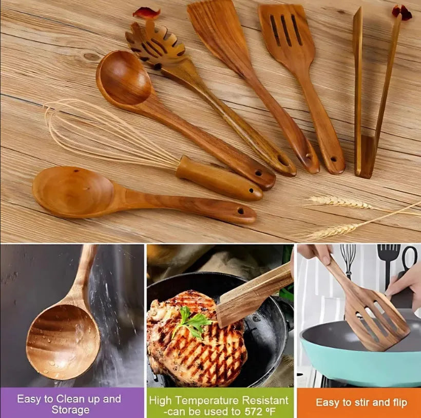 7-piece wooden cooking utensil set with anti-scald handles for non-stick pans