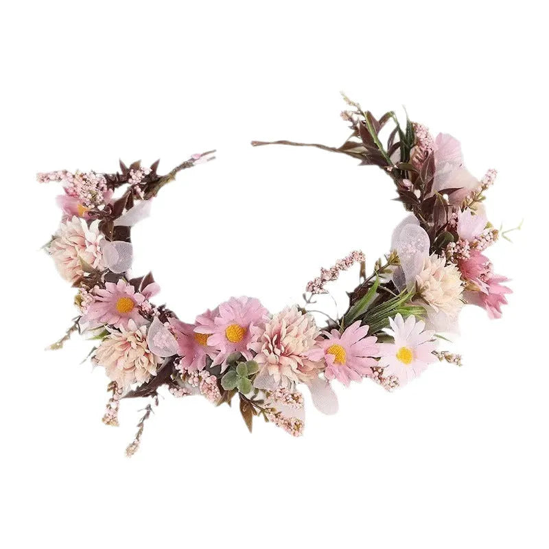 Children's Mori style flower garland headband with lace, shown in blue or pink Super Fairy hair garland design