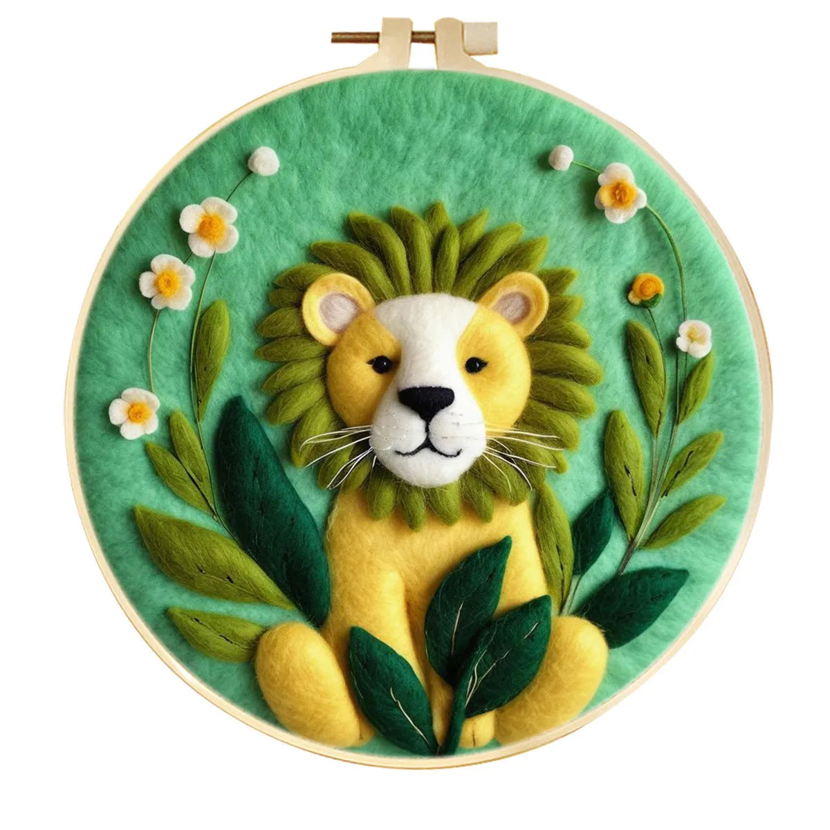 Round linen embroidery frame with wool felt floral decoration kit for three-dimensional wall art