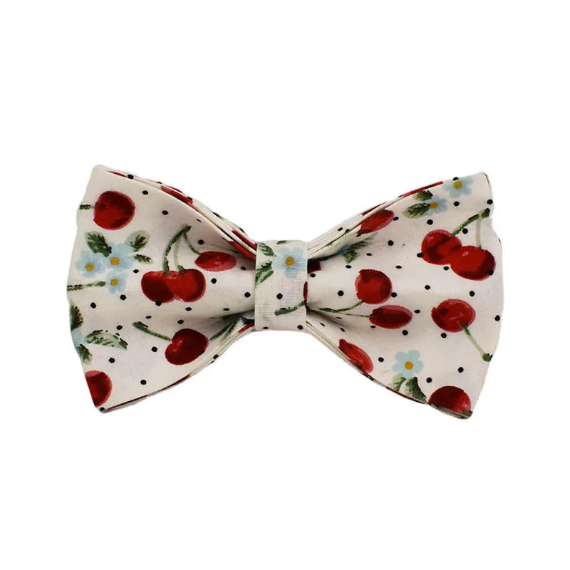 Red cherry print dog collar and leash set with light gold buckle and detachable bow strap