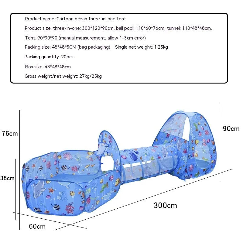 Children's three-in-one tent play set with ball pool and tunnel in marine theme
