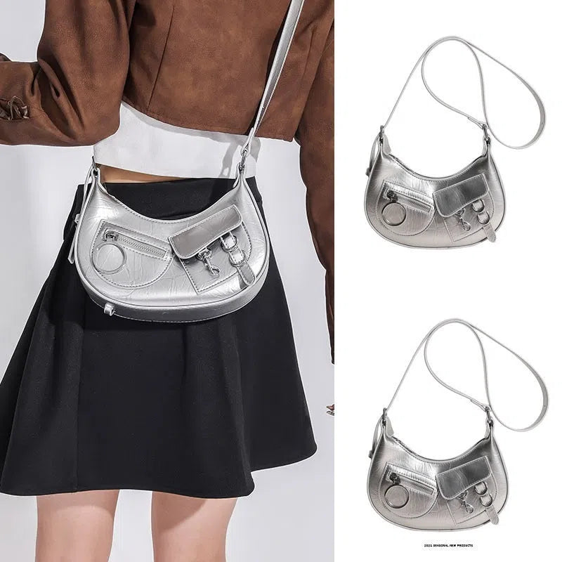 Women's textured PU crossbody bag in urban minimalist style, horizontal rectangular shape, silver colour option