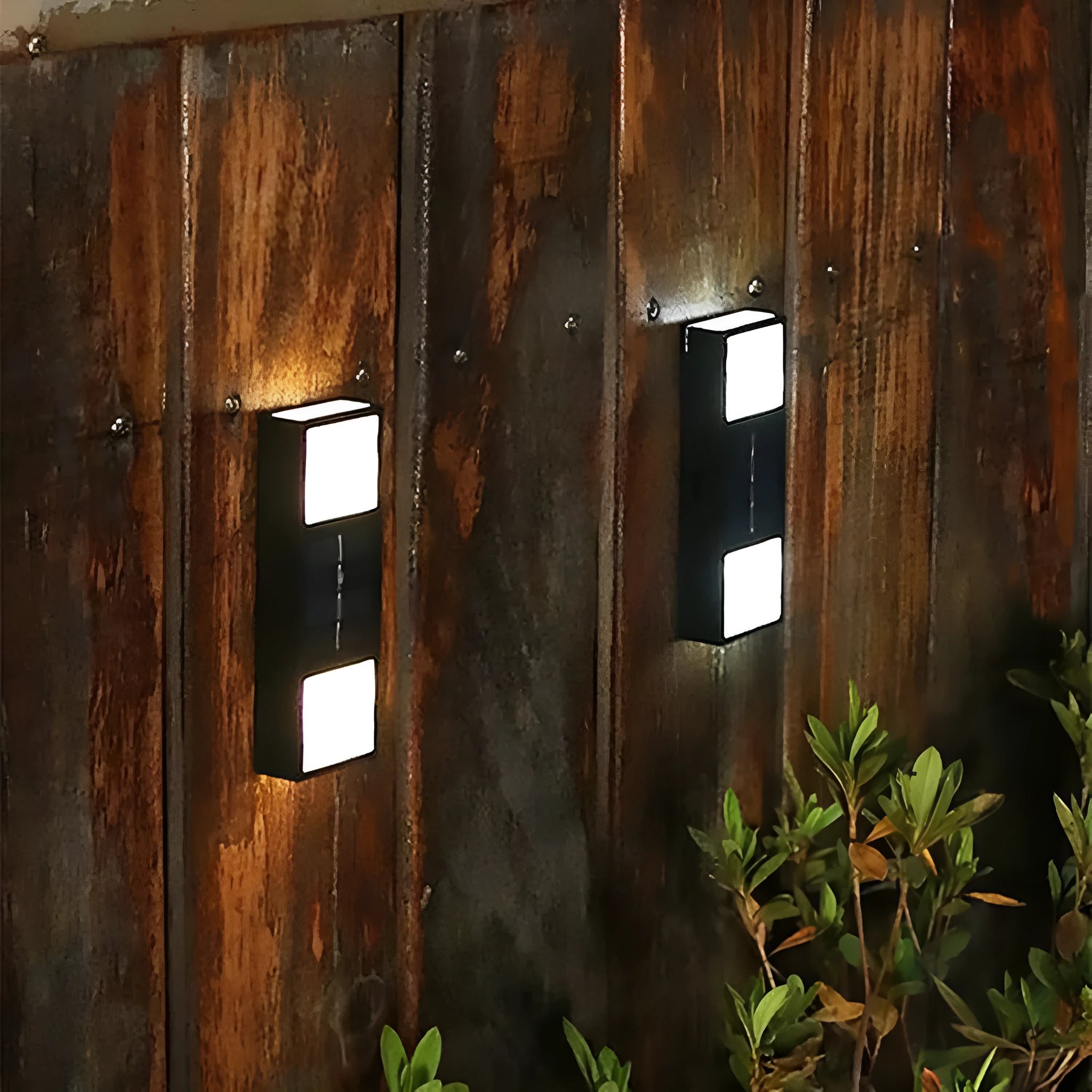 White solar wall lamp with bidirectional sensor mounted on a brick wall, showing warm light illumination