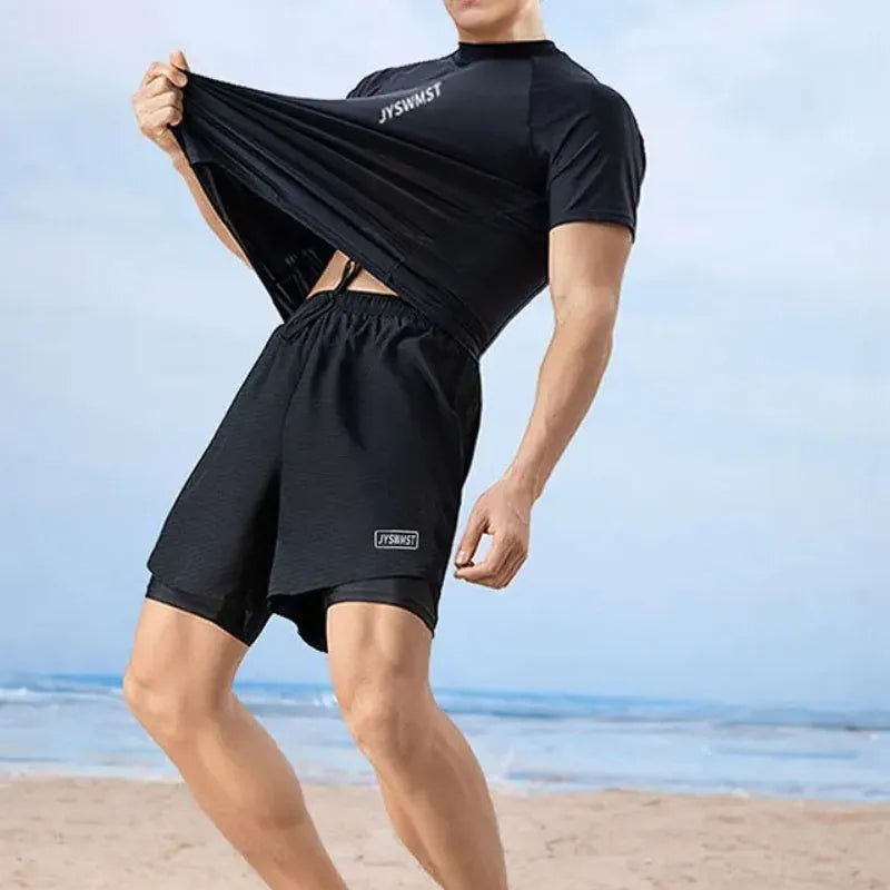 Men's patterned plus-size swim trunks with top and pants in polyester fabric