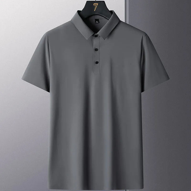 Men's solid colour non-iron short sleeve business shirt in nylon fabric on a hanger.