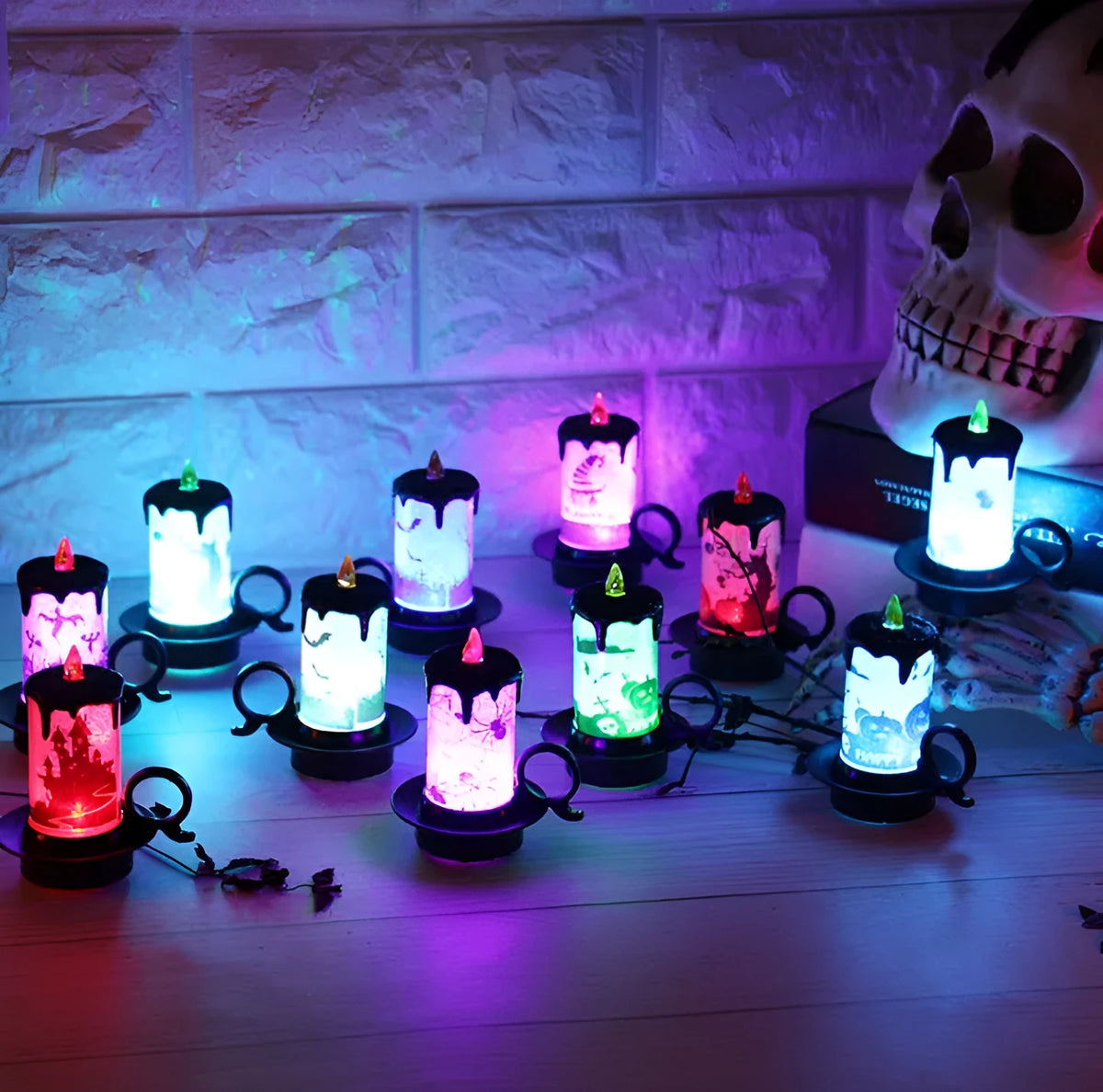 Halloween LED candle light, acrylic cylindrical oil-lamp style with horror stickers, 7 cm x 8.5 cm