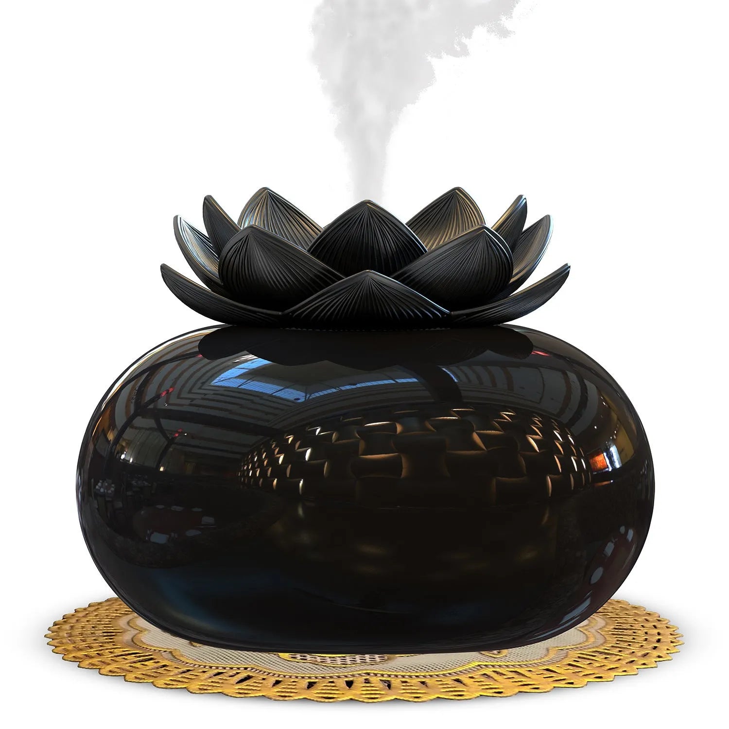 Pure black round Lotus aromatherapy humidifier with USB cable on a wooden surface.