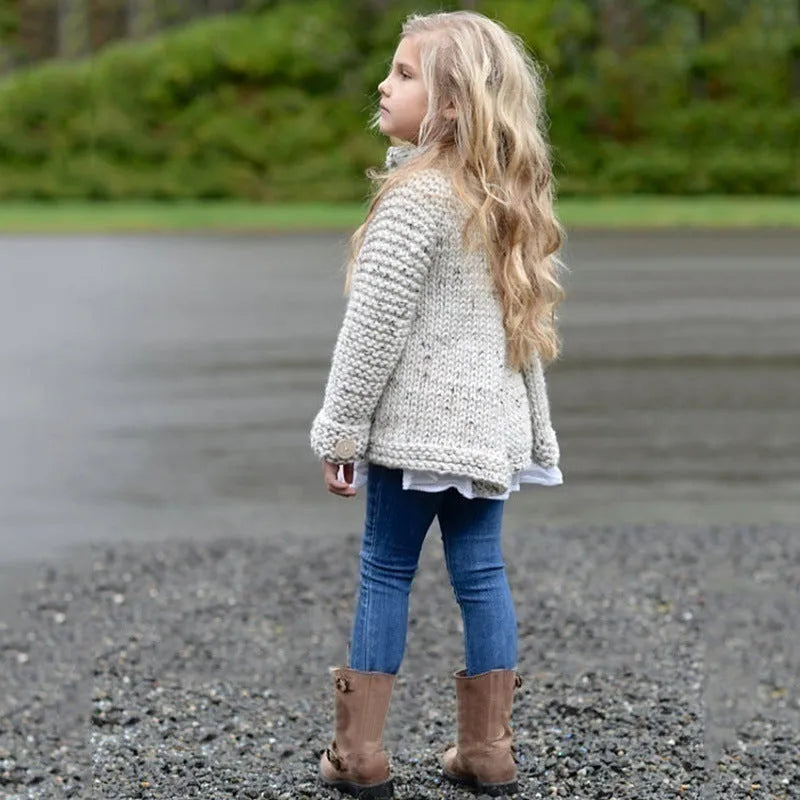 Beige rabbit hair blend girls cardigan sweater coat with long sleeves and single-breasted front