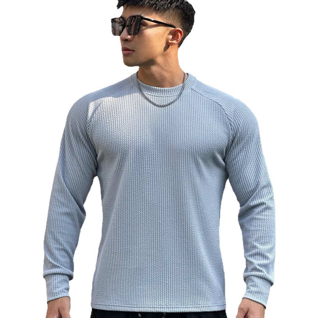 Men's plus size crew neck pullover long sleeve solid colour polyester top in dark gray