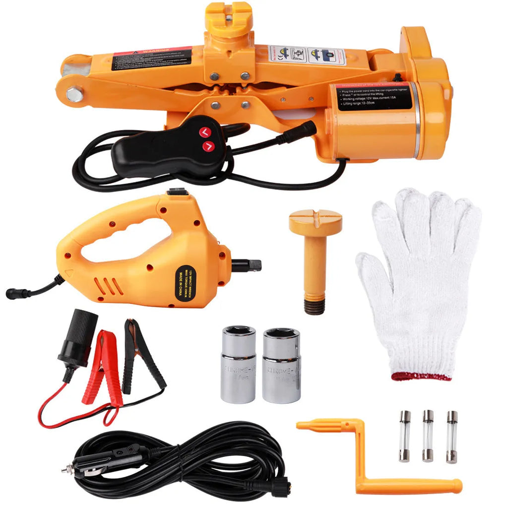 Yellow steel 12V electric car jack and wrench set for emergency tyre changes