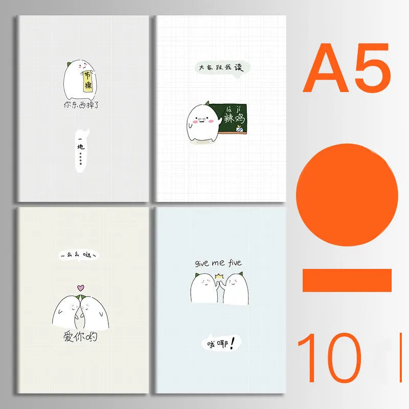 Set of 10 kraft paper notebooks with various hand-painted covers, shown open to display thread binding.