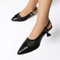 Women's black cat heel sandals with hollow design and buckle closure on a white background