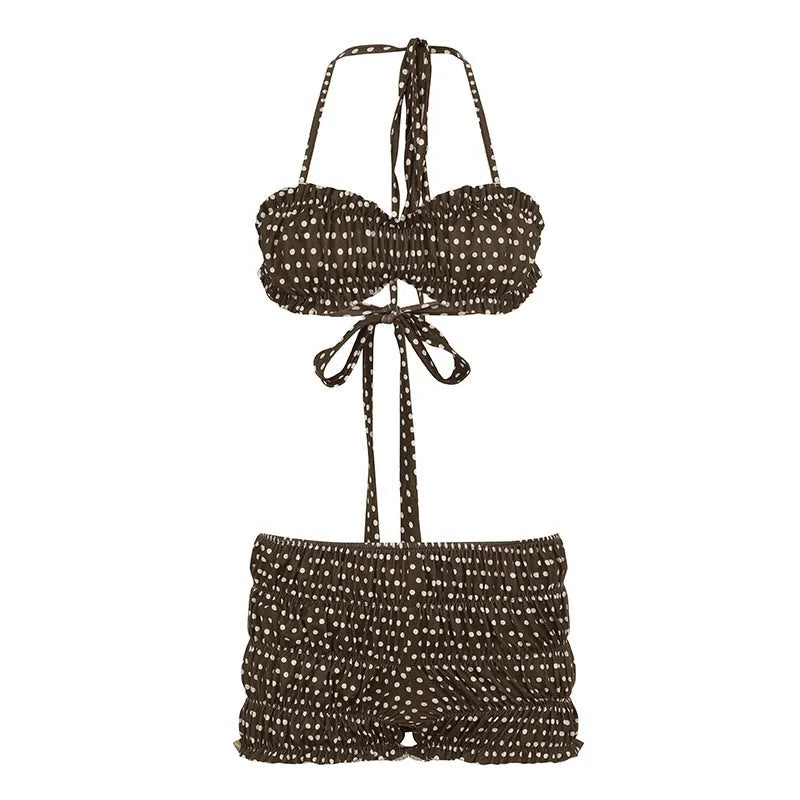 Women's brown polka dot contrast colour shorts suit with sleeveless strap top and shorts in polyester