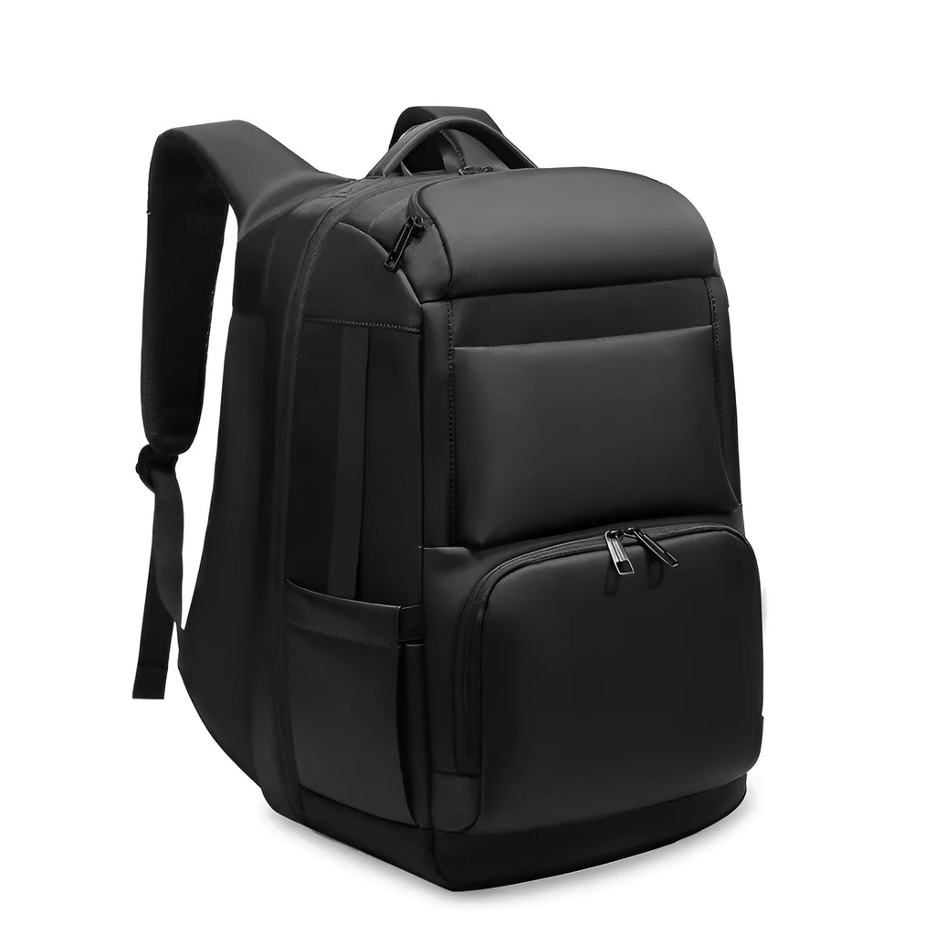Black multifunctional nylon backpack with polyester lining for business, travel, school, and leisure use