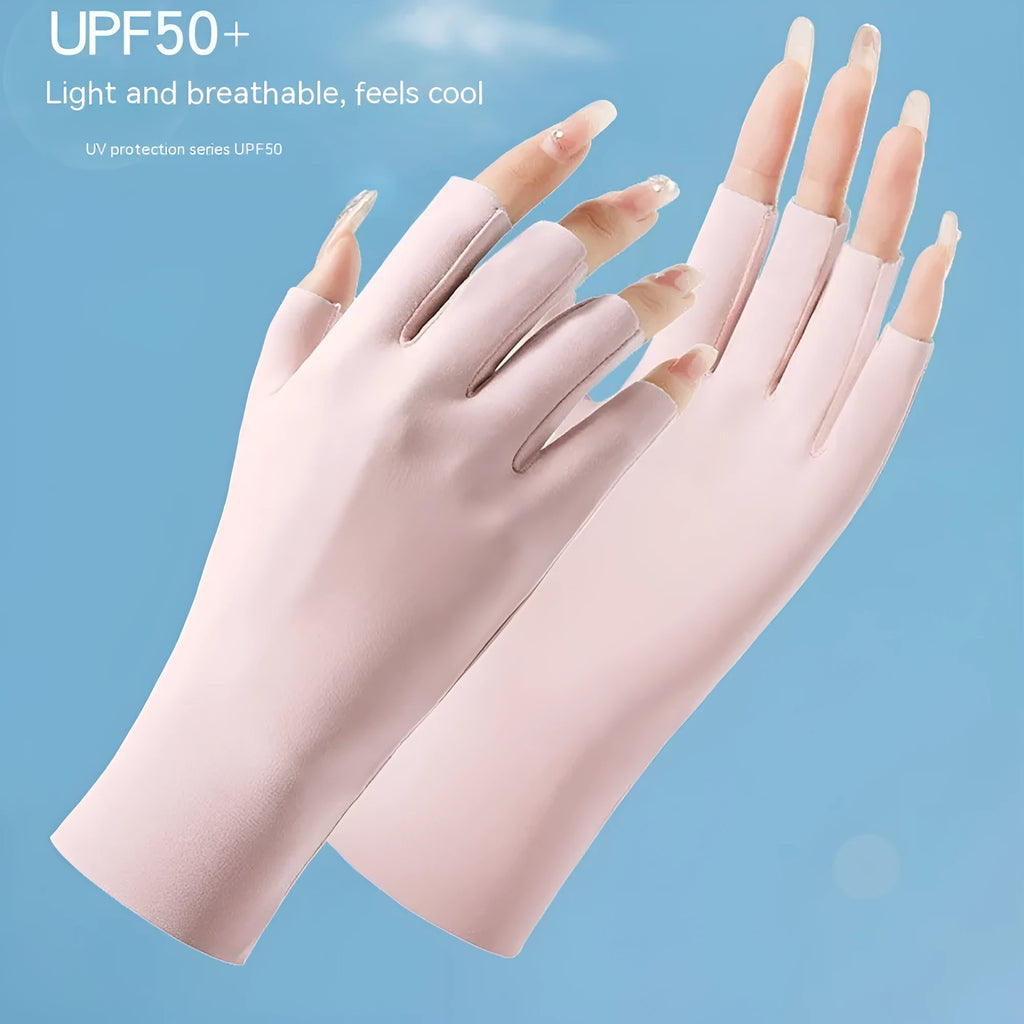 Thin beige ice silk gloves for women with UPF50 sun protection on a hand.
