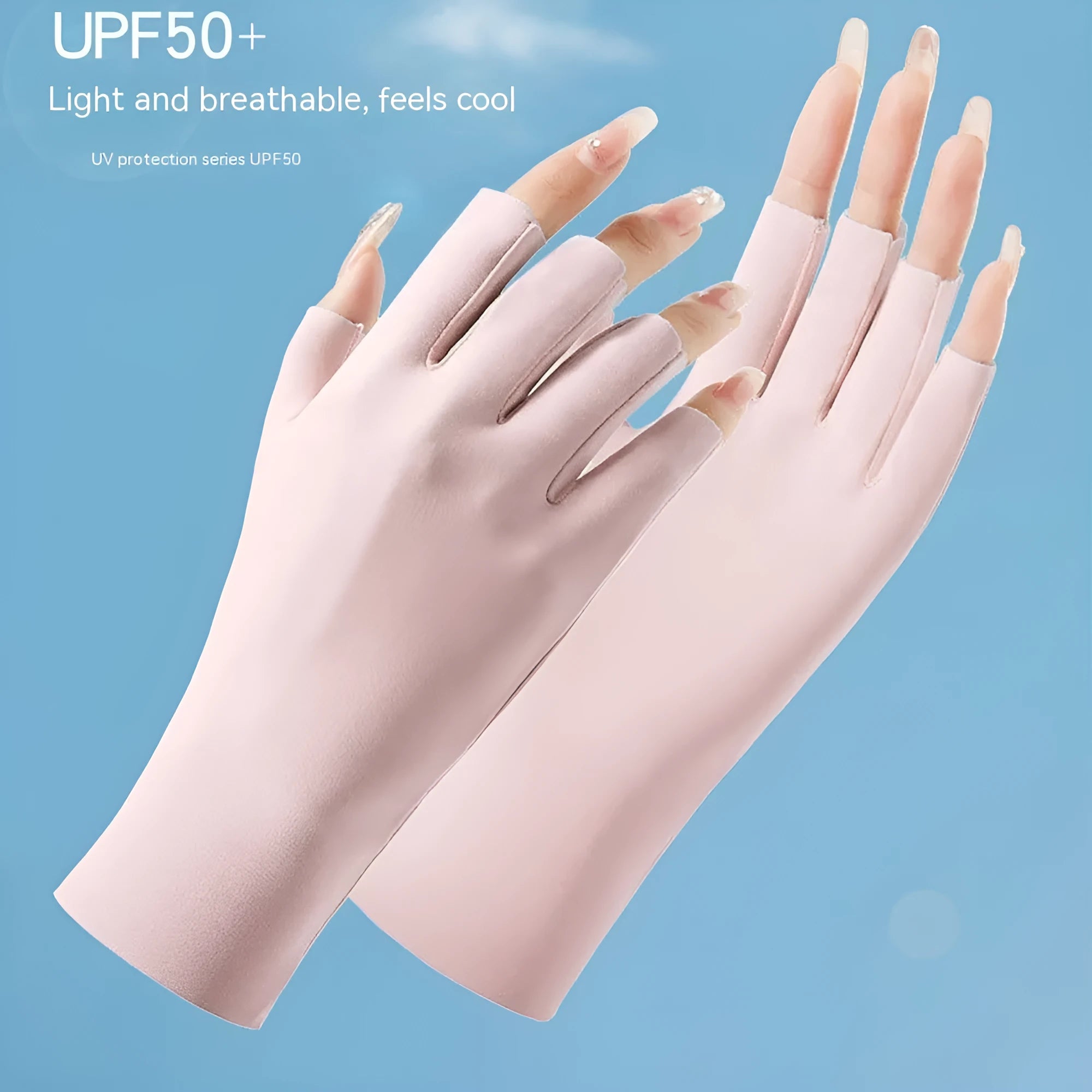 Thin beige ice silk gloves for women with UPF50 sun protection on a hand.