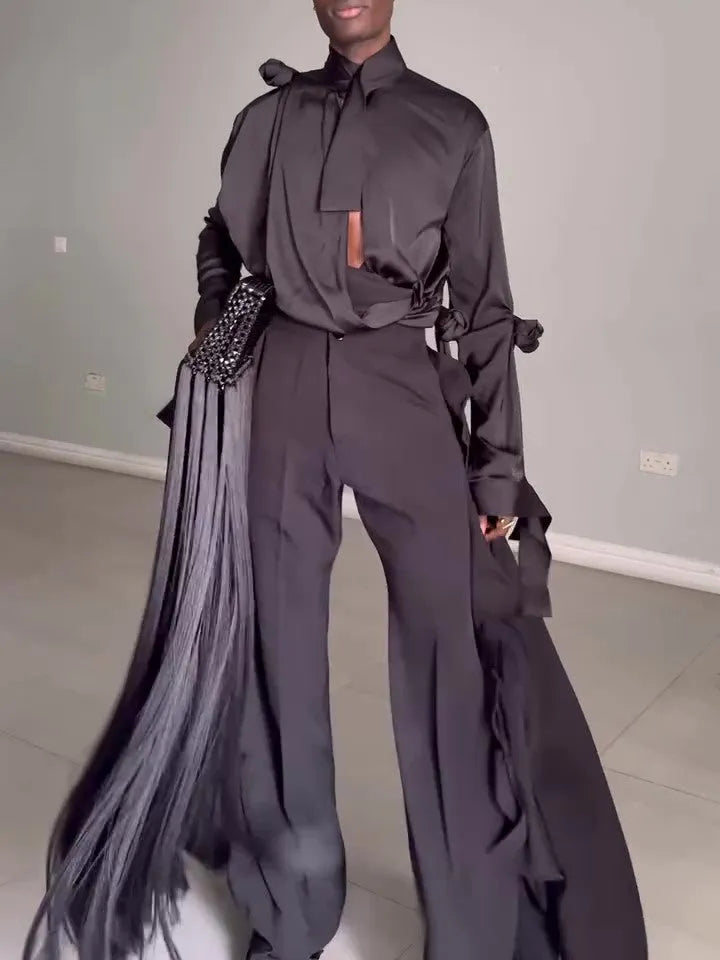 Men's black polyester hollow cut out shirt and high waist pants suit set for daily wear