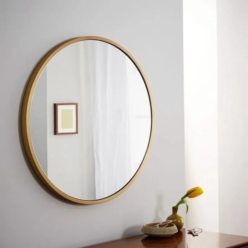 Round iron bathroom wall mirror in black, gold, or white, 30cm or 60cm diameter.