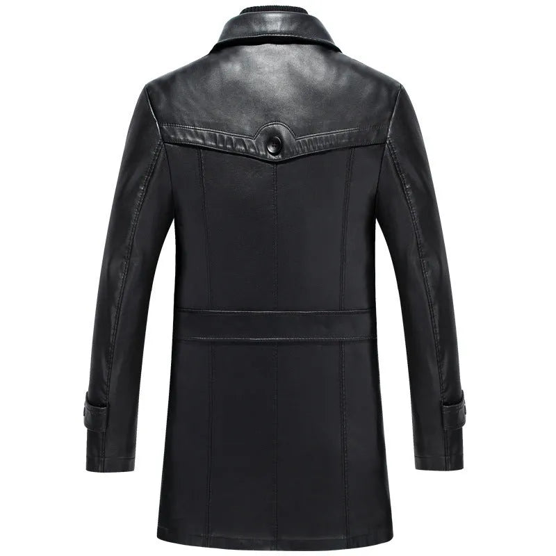 Men's mid-length sheepskin leather jacket in black, suit collar, zip front, colour block pattern