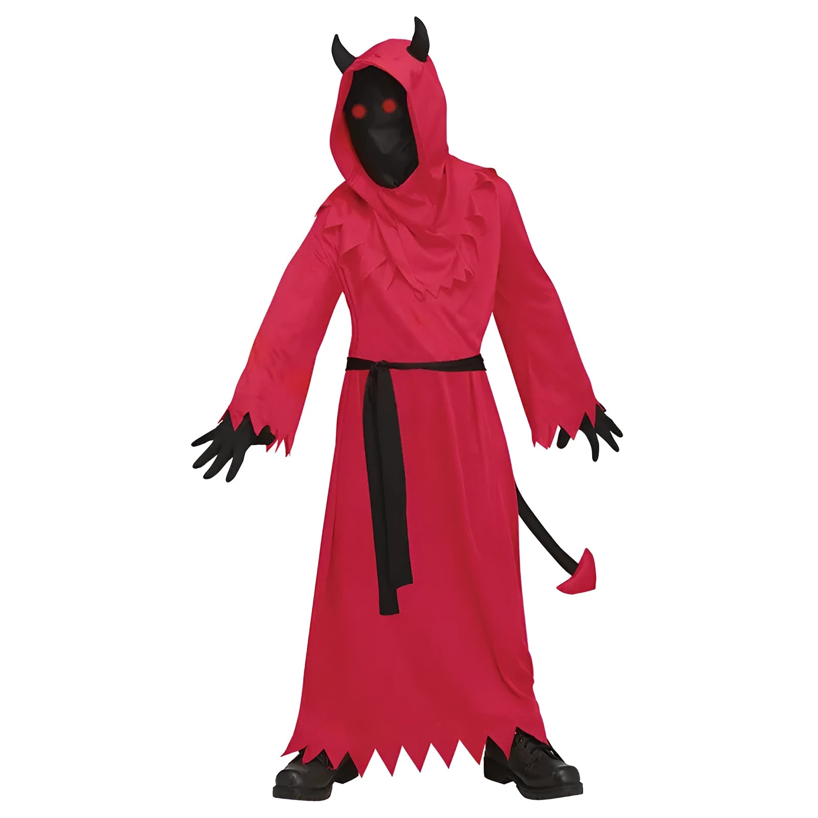 Red polyester demon Halloween costume with serrated dress, plush tail, wrist gloves, and horned hood