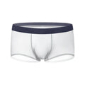 Men's seamless ice silk boxers in black, low-rise quick-dry nylon shorts on white background