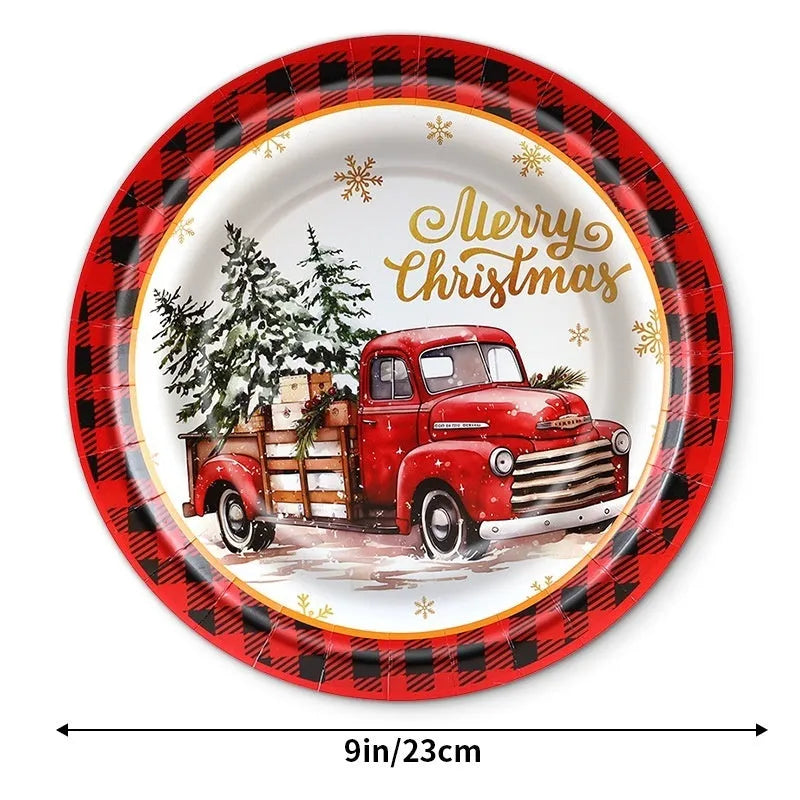 Pack of 10 disposable paper plates with cartoon Christmas design in 7-inch and 9-inch sizes