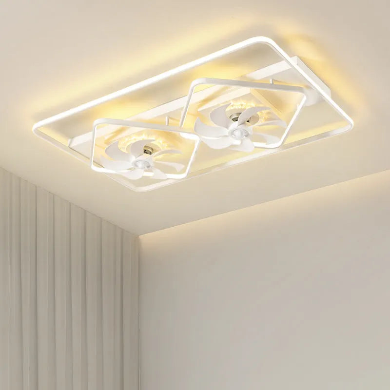 Modern thin suction ceiling fan lamp with plastic blades and acrylic lampshade mounted on a white ceiling.