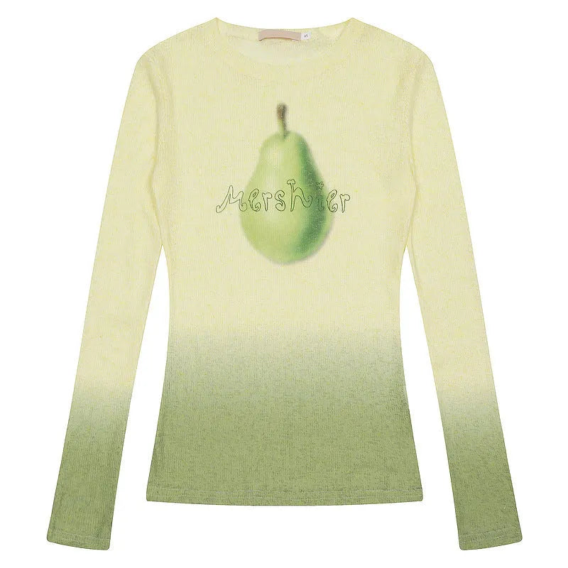 Women's gradient flower long-sleeved T-shirt in yellow green colour with floral pattern