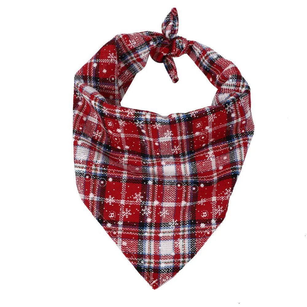 Red plaid triangle pet towel with tie-on bandana on a small dog, 60x45cm size, Christmas decoration