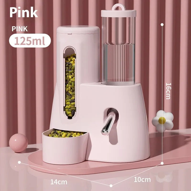 White automatic hamster water feeder and food bowl for dwarf hamsters on cage floor.