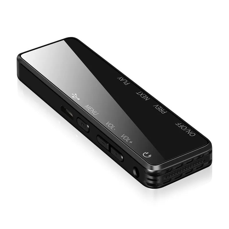 Black zinc alloy USB MP3 player and voice recorder showing display screen and USB connector.