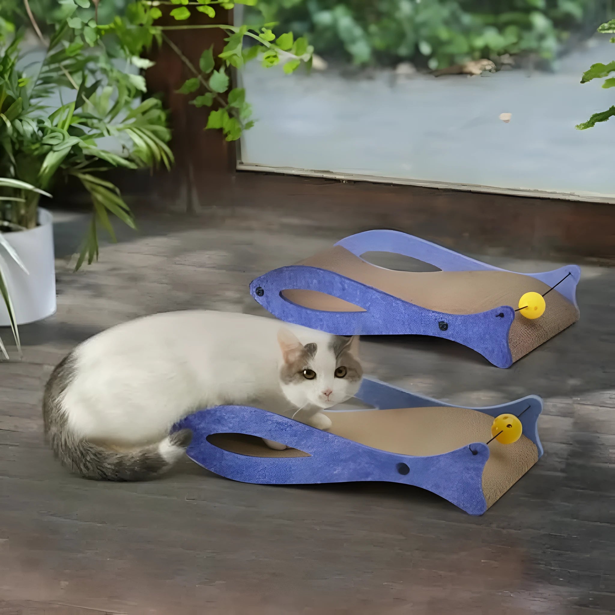 Blue fish-shaped cardboard cat scratcher lounge with a hanging red ball toy.