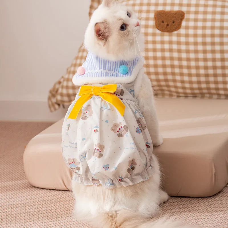 Autumn winter pet clothes for small dogs and cats, warm skirt with built-in D-ring belt in blue and red.