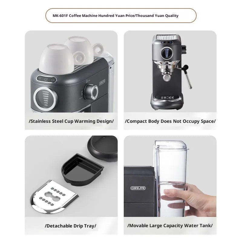 Dark gray espresso coffee machine with steam wand and control panel on countertop