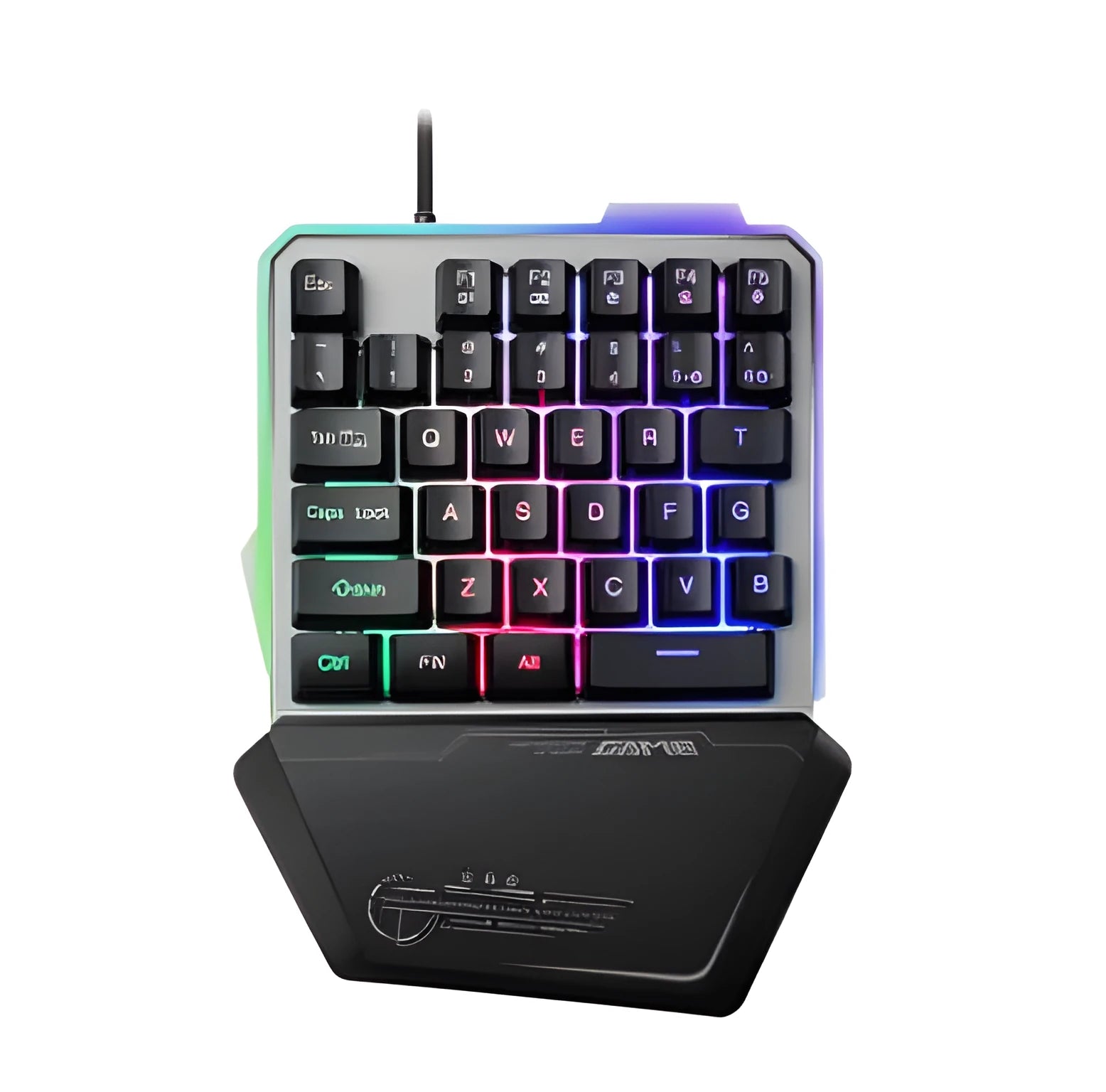 Black G40 Flow one-handed mechanical keyboard with RGB backlit keys on a desk.