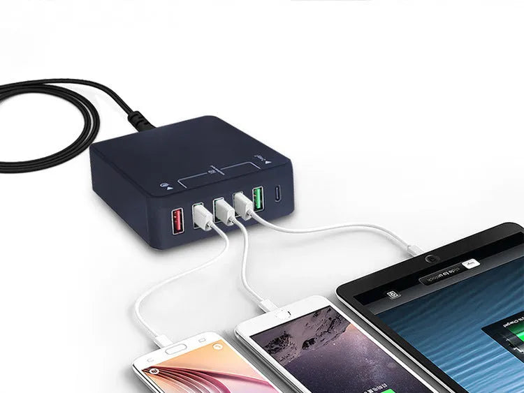 Black multi-port USB mobile phone charger with 8000mA current, 5V output and AU EU UK US model options