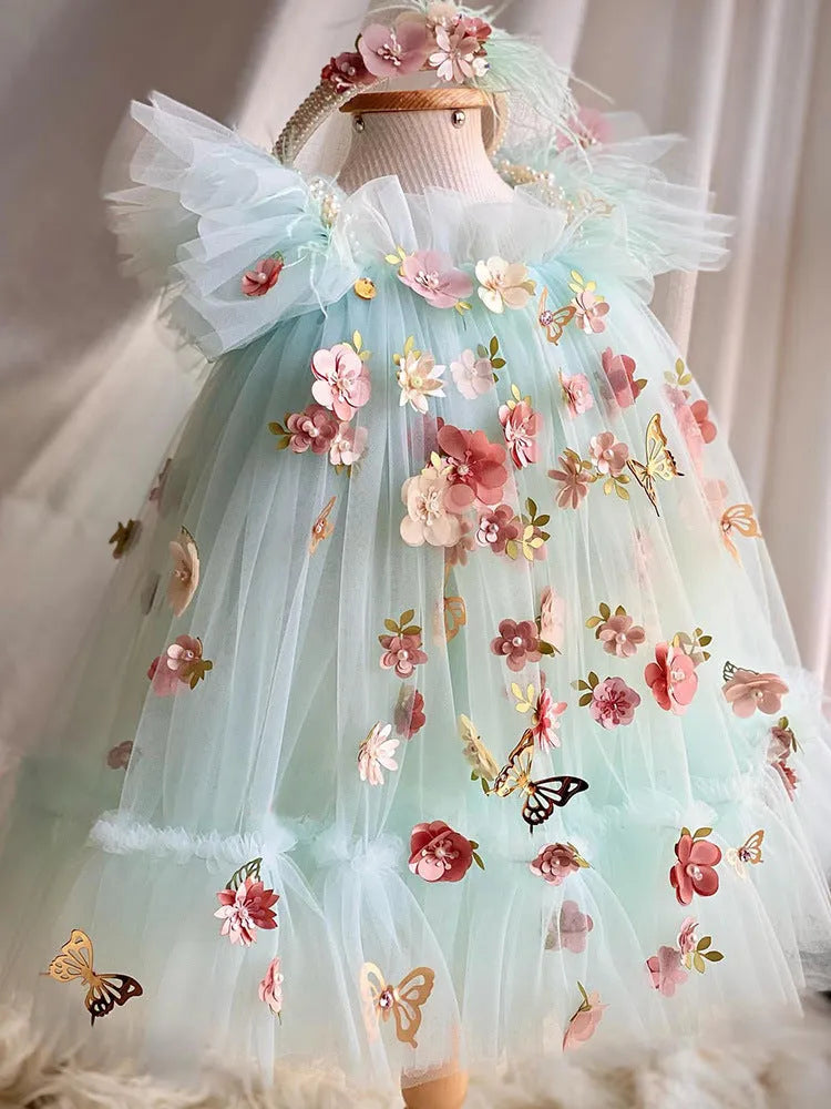 Children's princess dress with flower and butterfly embroidery on bodice in picture colour