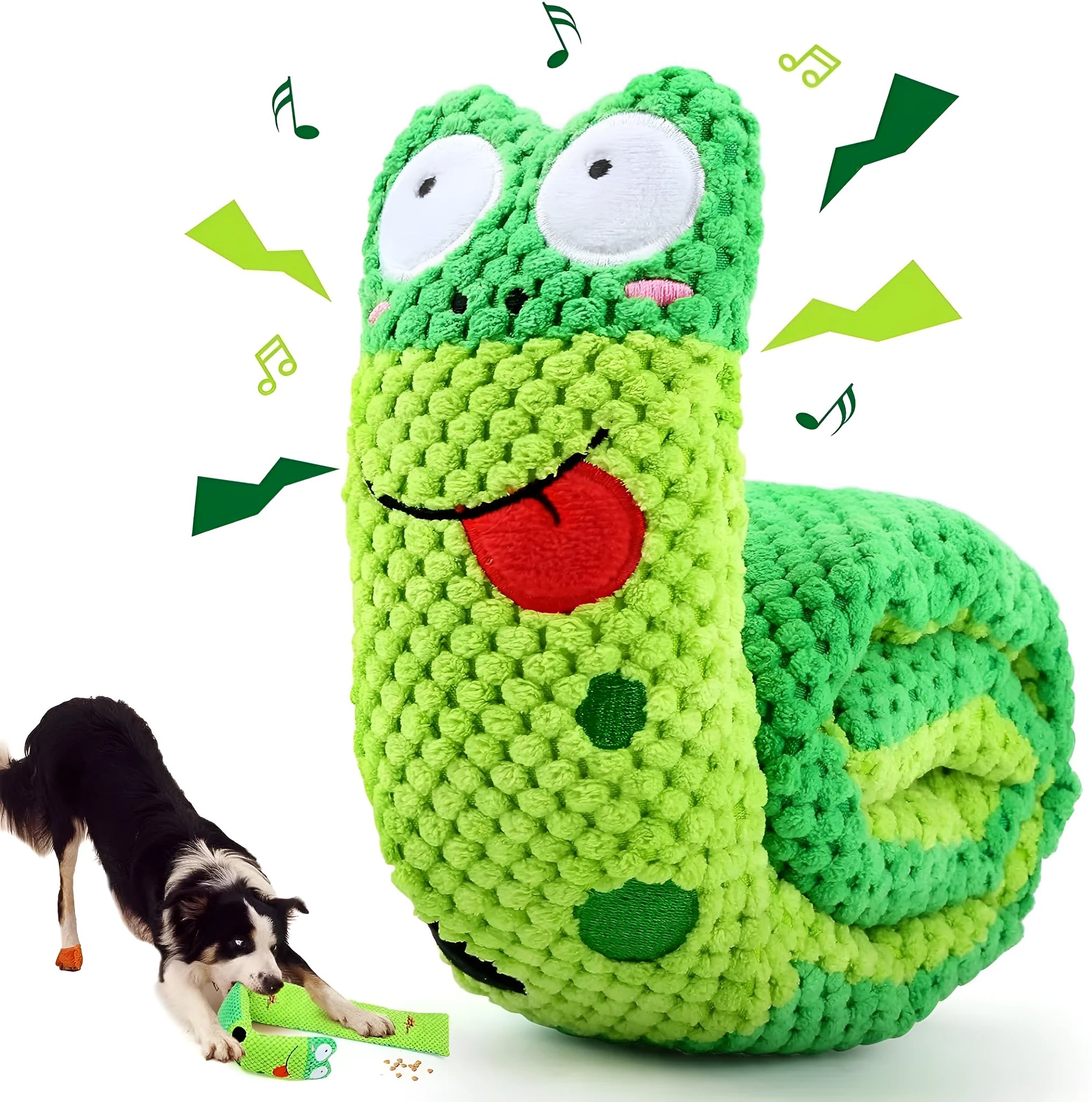 Green frog-shaped velvet dog squeak toy with hidden food holes for foraging puzzles.