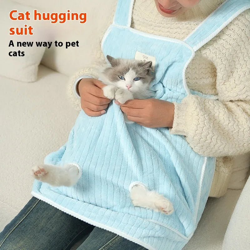 Cloth cat petting apron in a striped pattern, shown worn by a person holding a cat.