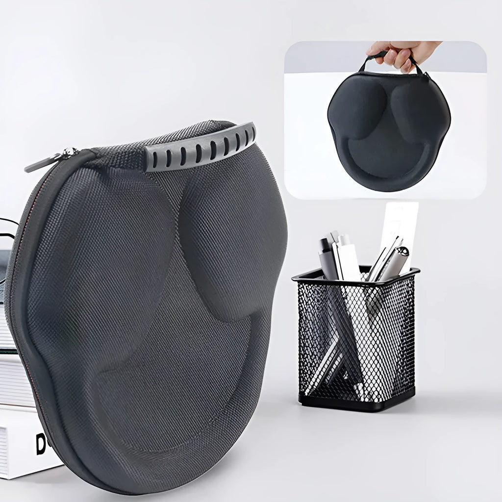 Black EVA Oxford cloth headphone storage bag with hard shell, 22x21x5.5cm, on flat surface